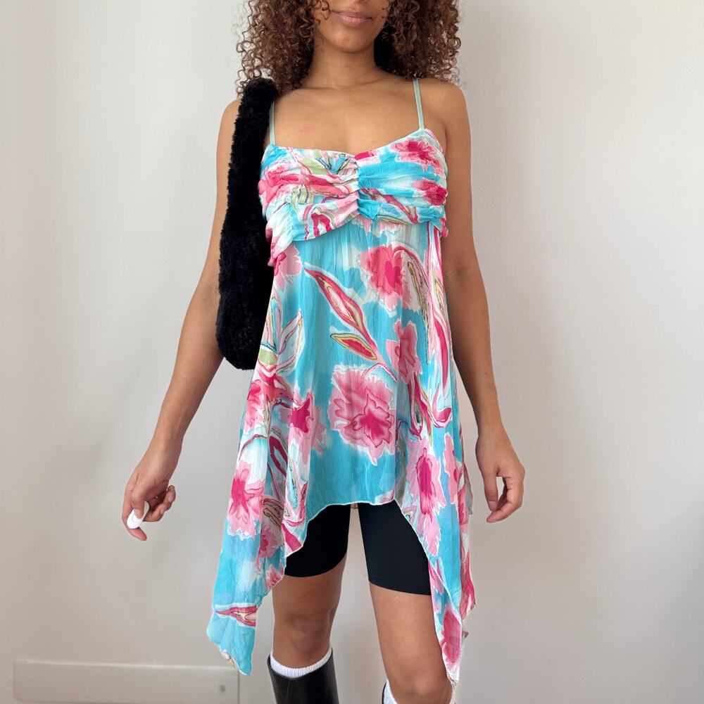 Vintage Floral Mesh Tunic Top Asymmetrical Y2K Blue Pink (M)